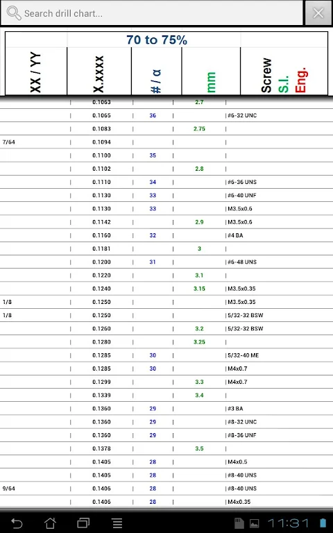 Machine Screws Drill/Tap Info screenshot