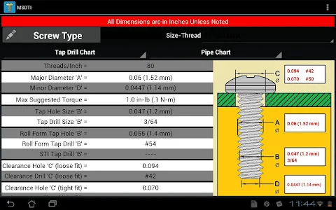 Machine Screws Drill/Tap Info screenshot