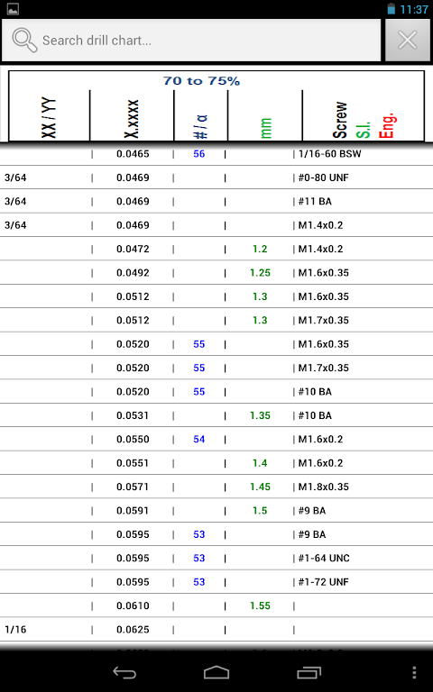 Machine Screws Drill/Tap Info screenshot