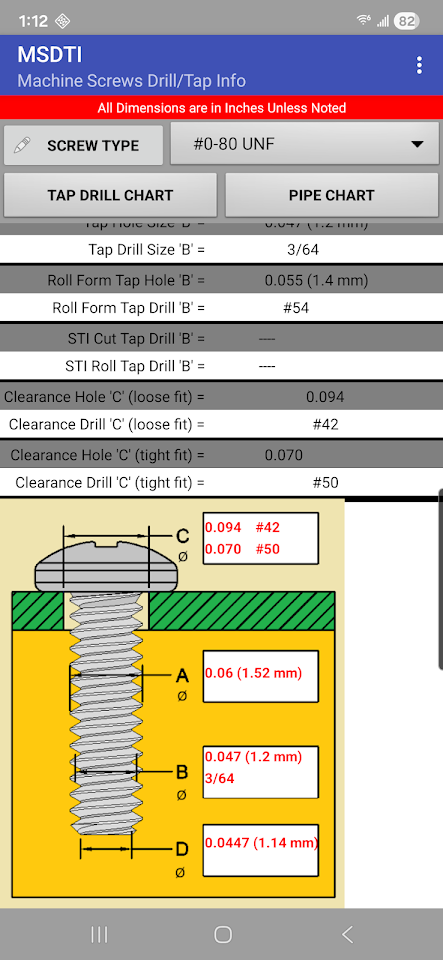 Machine Screws Drill/Tap Info screenshot