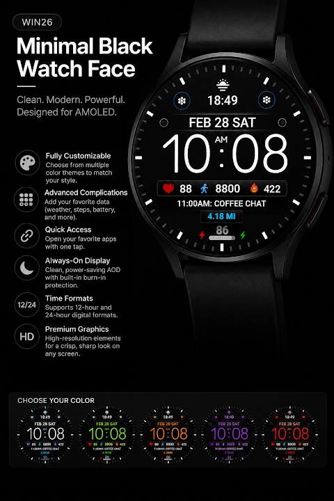 Minimal Black Watch Face WIN26 screenshot
