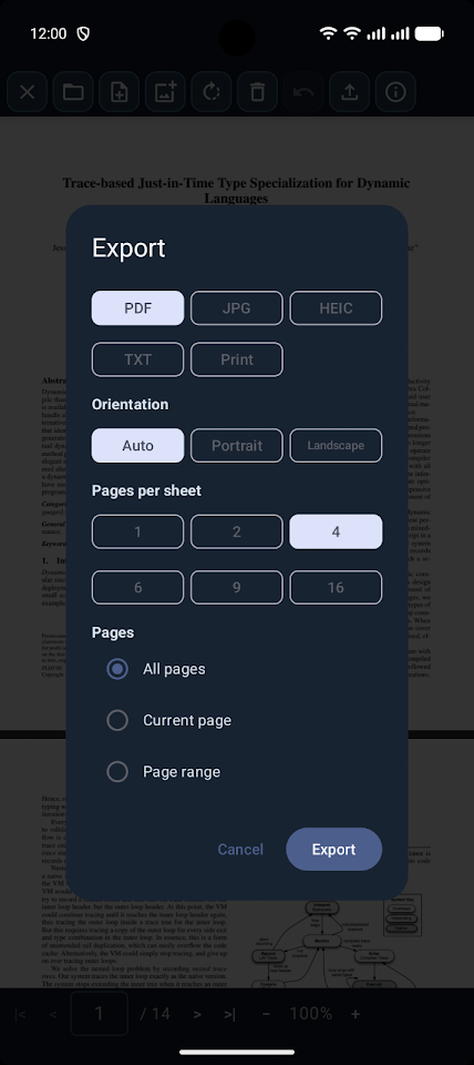 PDF viewer & export screenshot